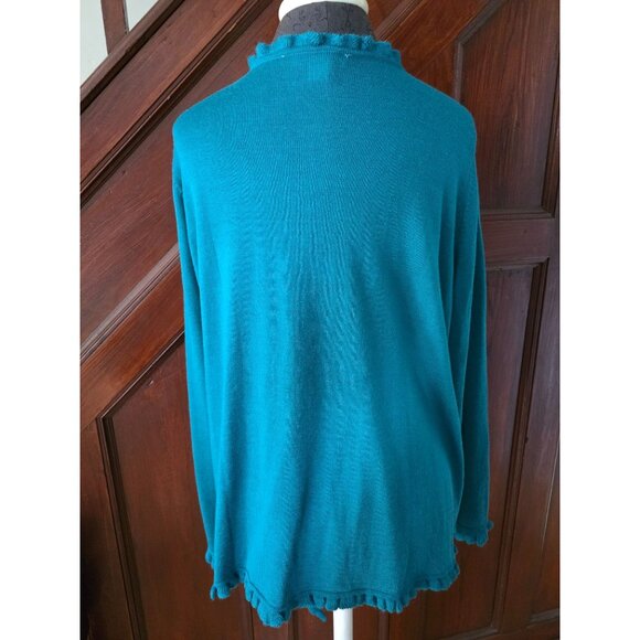 Coldwater Creek Womens Ruffled 2X Cardigan Sweater Turquoise Wool Blend - Picture 4 of 8